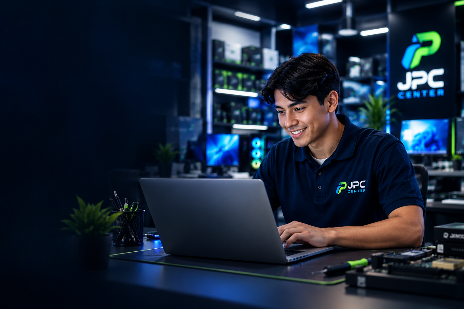 Escena ilustrativa de asesoría tecnológica con laptop