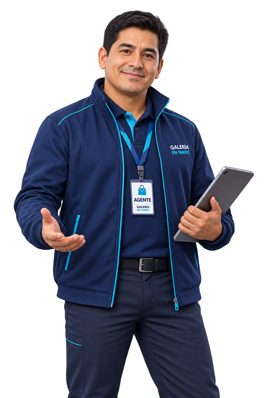 Personaje de Galería en Mano: agente con uniforme tecnológico y credencial